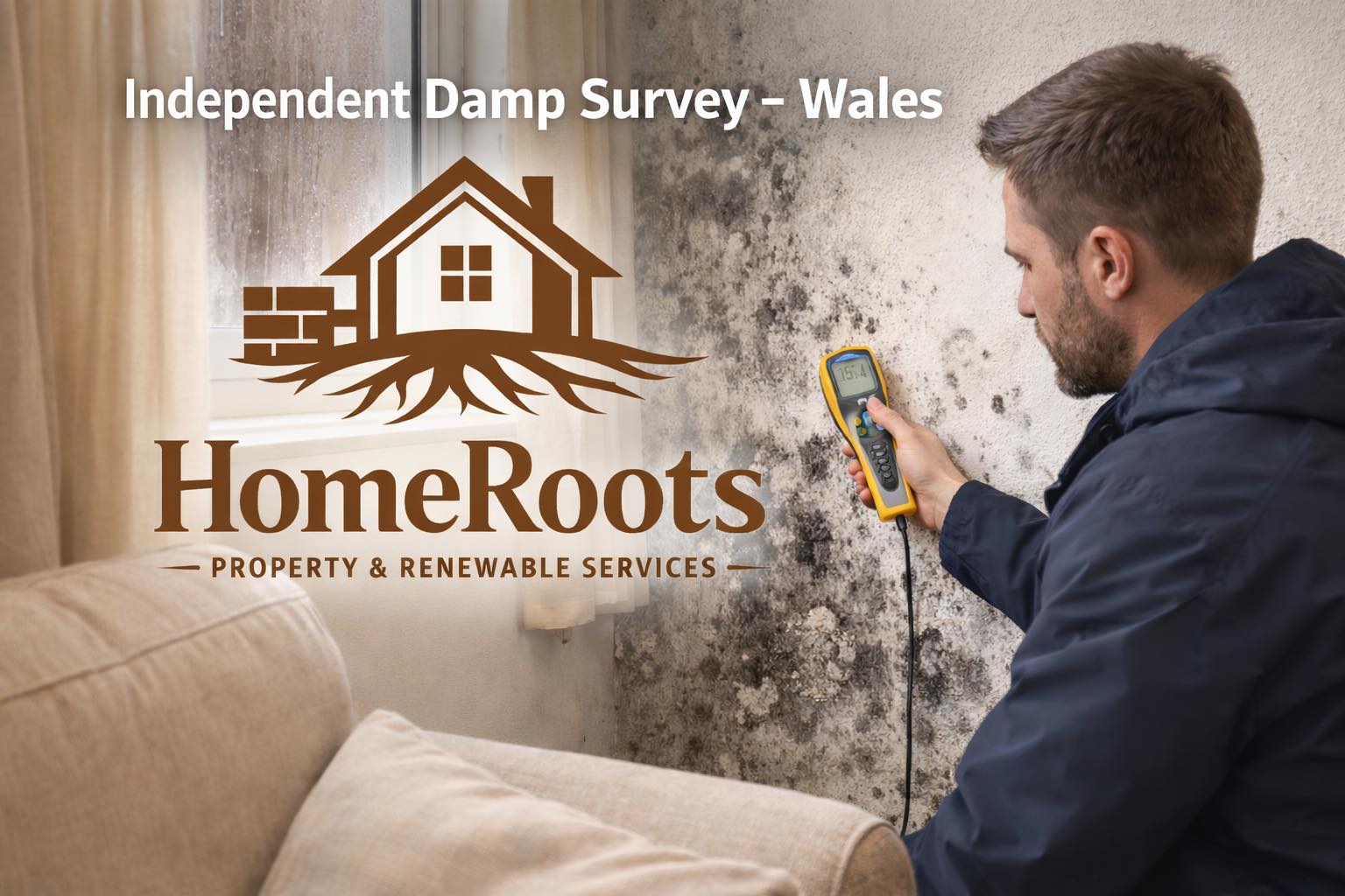 HomeRoots damp surveyor inspecting mould on a wall in Wales